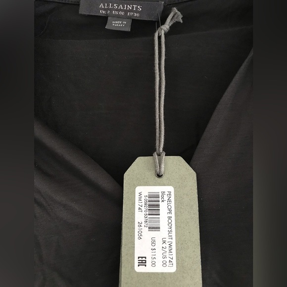 All Saints | Penelope Tie Neck Bodysuit Womens Black Sheer Loose Fit V-neck - Picture 10 of 10